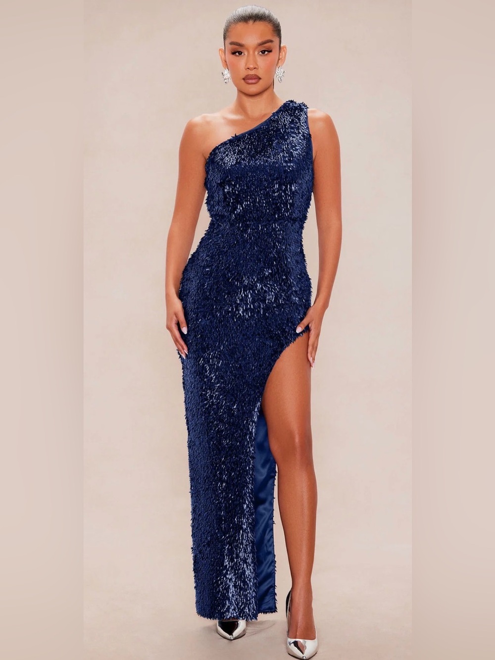 Fashion Nova One-Shoulder Navy Sequin Fringe Gown